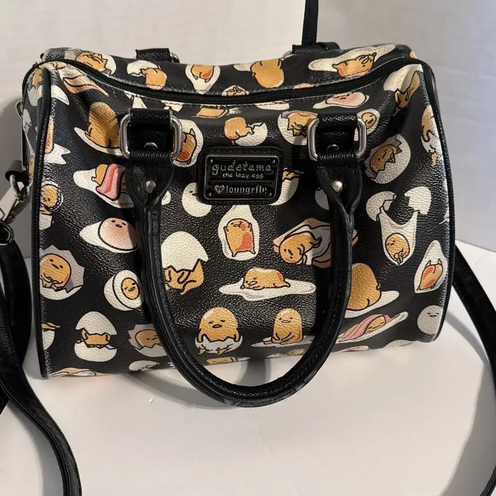RARE Loungefly Sanrio Gudetama Black Barrel Bag Satchel Crossbody Purse FRAYING